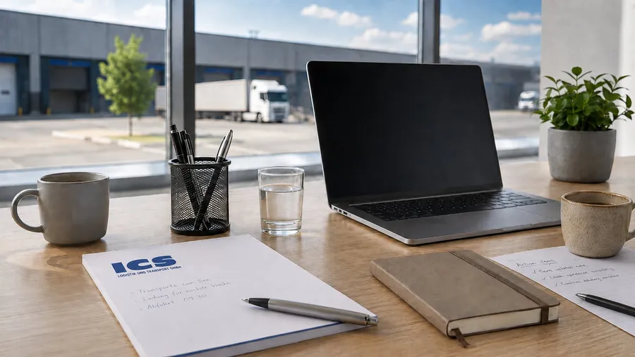 Arbeitsplatz im ICS-Büro mit Notizblock und Blick auf den Logistikhof